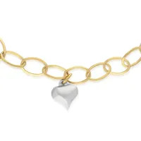 10kt 7.75" White Hanging Puffed Hearts Oval Link Bracelet