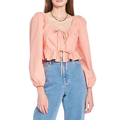 Cropped Roundneck Ruffle Cotton Blouse