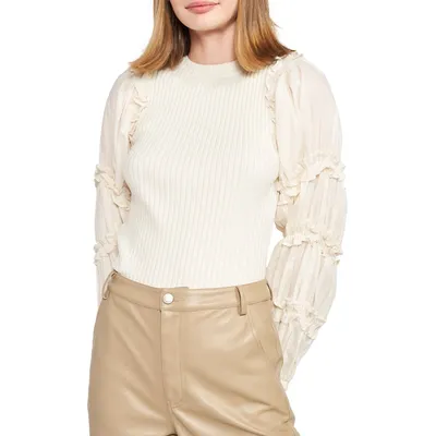 Lucille Mixed Media Ruffle Poplin Sleeve Blouse