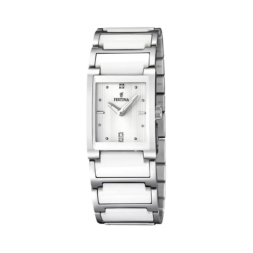 Rectangular White Ceramic & Stainless Steel Bracelet Watch