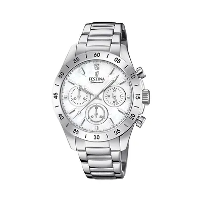 Women's Boyfriend Stainless Steel and Mother-of-Pearl Chronograph Watch