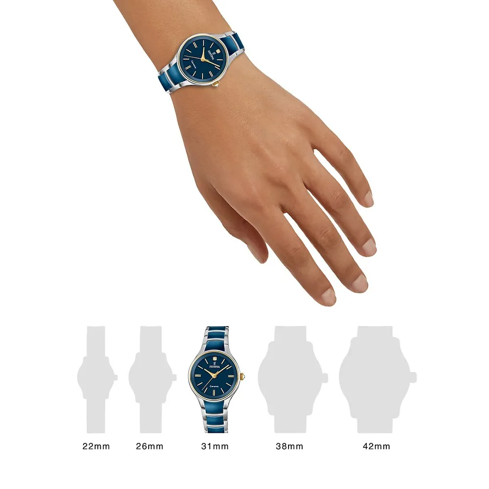 Montre-bracelet Ceramic en céramique et en acier inoxydable avec cristaux bleus