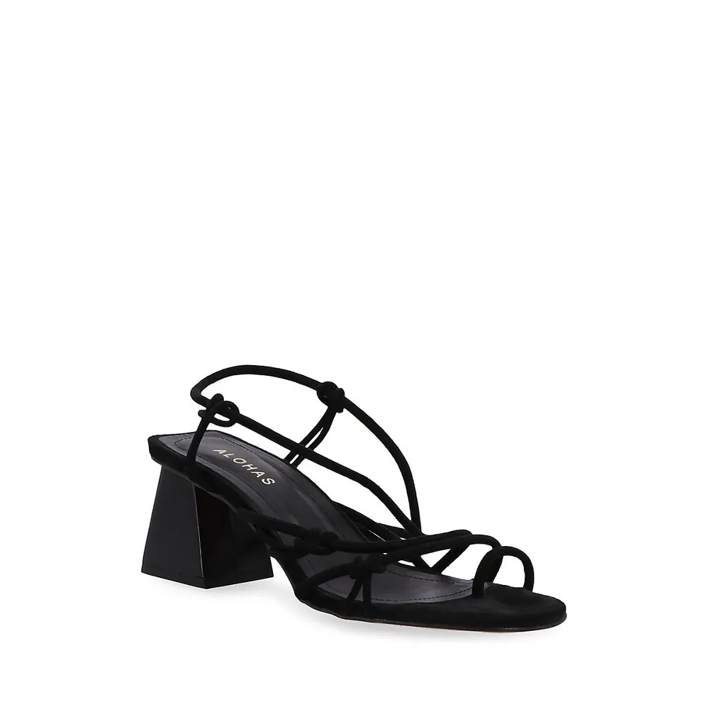 Suede Lace-Up Block-Heel Sandals