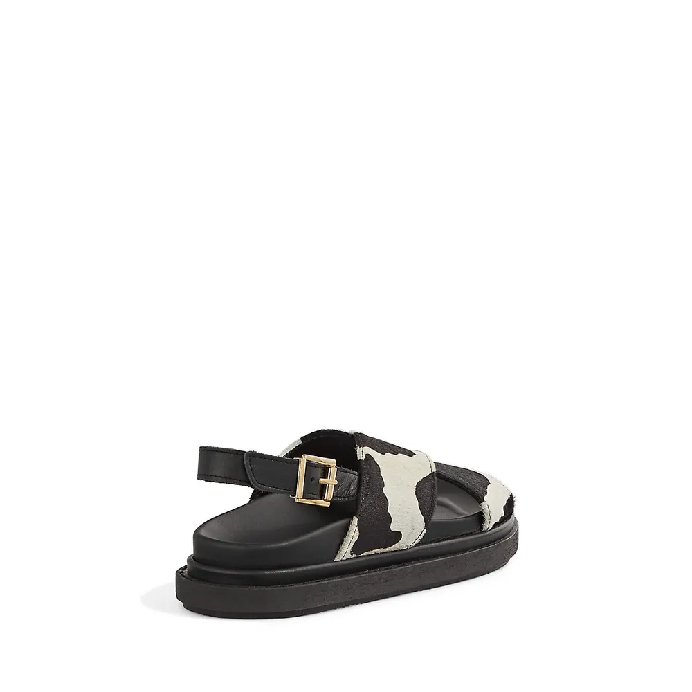 Marshmallow Cow-Print Leather and Calf Hair Slingback Sandals
