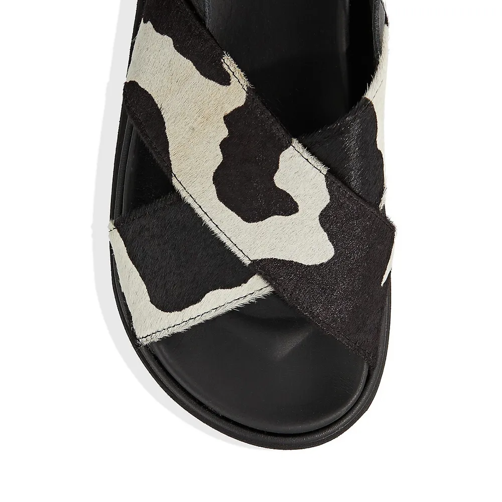 Marshmallow Cow-Print Leather and Calf Hair Slingback Sandals