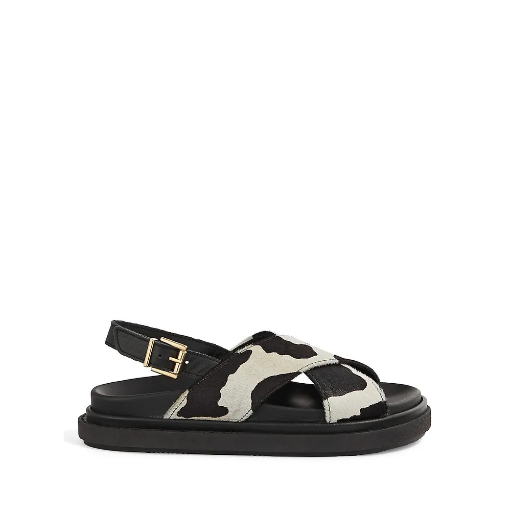 Marshmallow Cow-Print Leather and Calf Hair Slingback Sandals