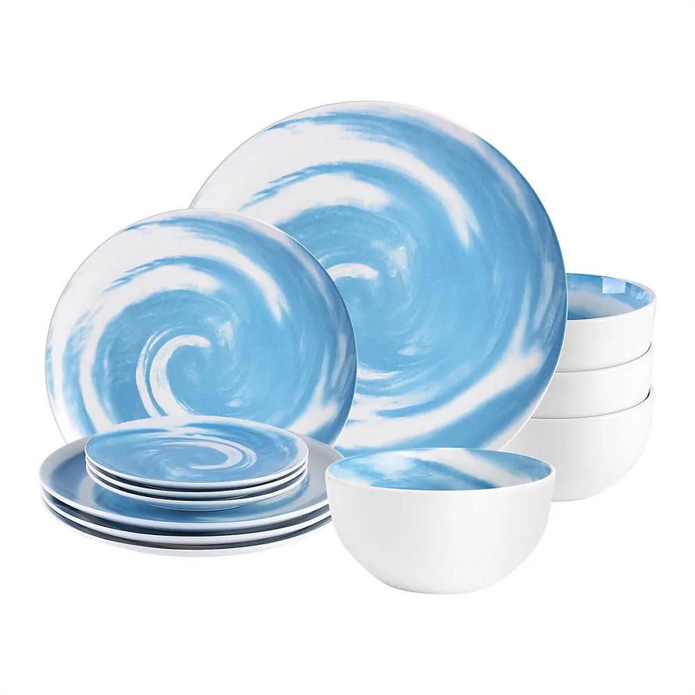 12-piece Porcelain Dinnerware Set, Service For 4, Round, Blue, Spiral Glaze