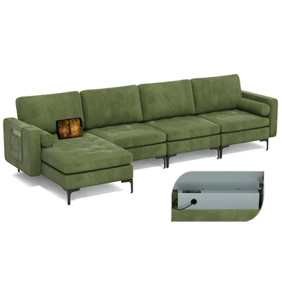 Modular L-shaped Sectional Sofa W/ Reversible Chaise & 2 Usb Ports Army Green