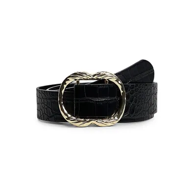 Rounded-Buckle Croc-Embossed Belt