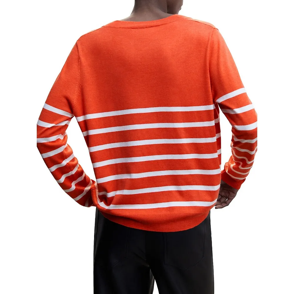 Striped V-Neck Fine-Knit Sweater