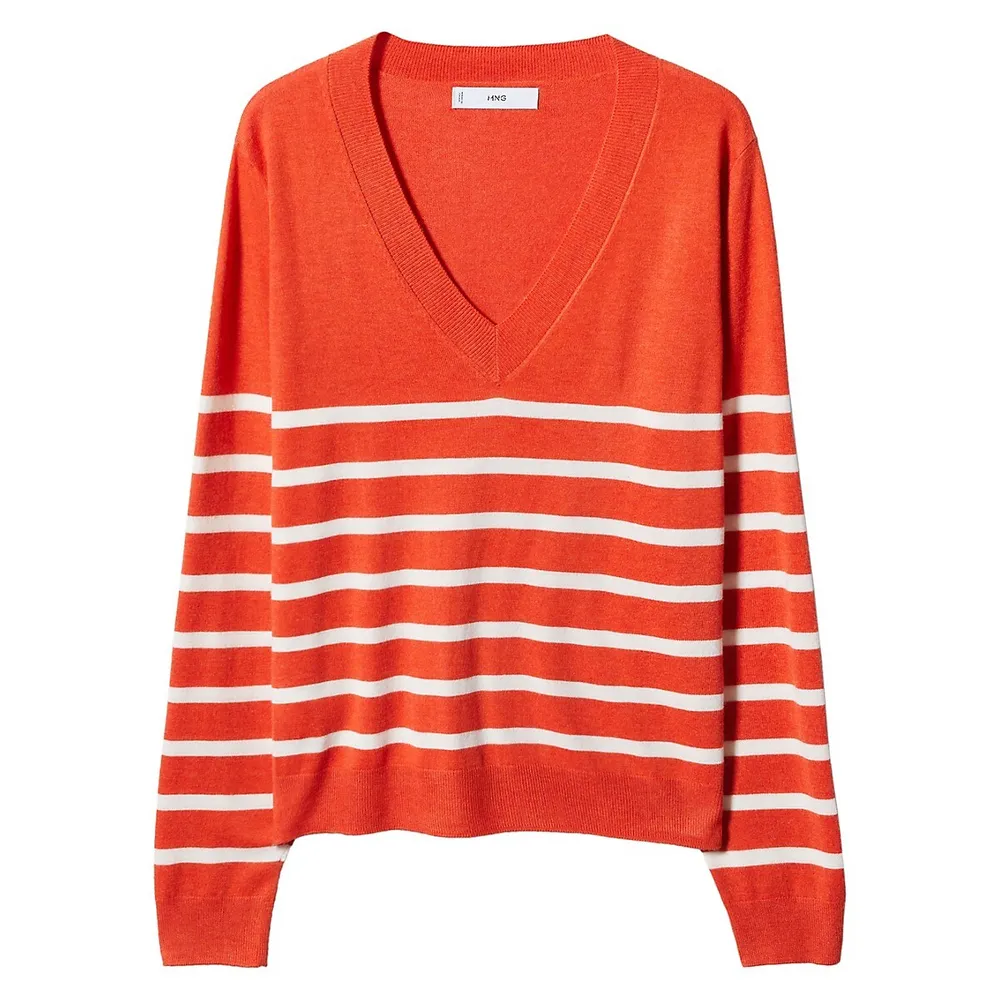 Striped V-Neck Fine-Knit Sweater