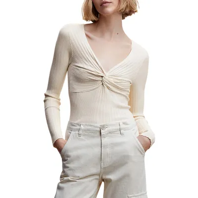 V-Neck Knotted Ribbed Sweater