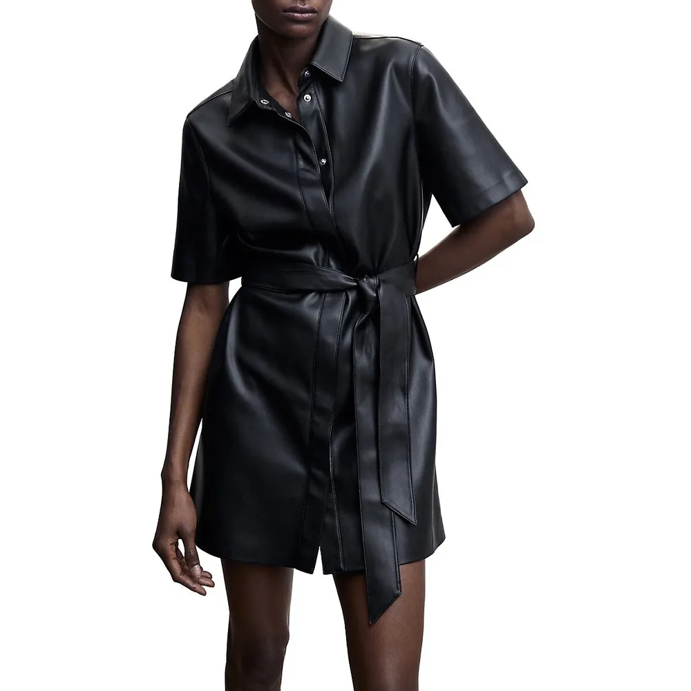 Vernazza Faux-Leather Belted Shirt Dress