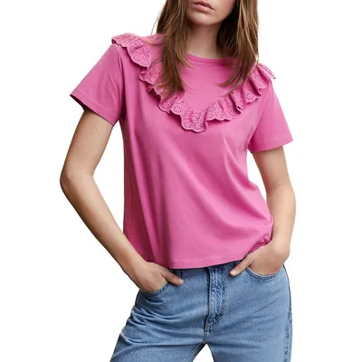 Embroidered Ruffle T-Shirt
