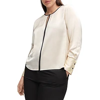 Contrast-Trim Satin Blouse