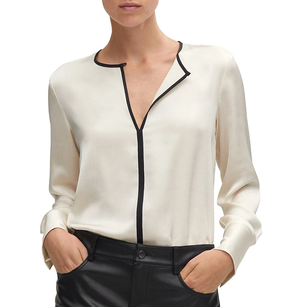 Contrast-Trim Satin Blouse