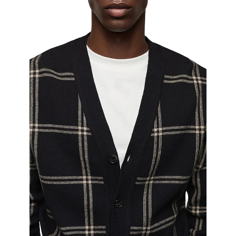 Windowpane Check V-Neck Cardigan