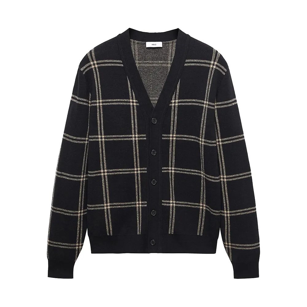 Windowpane Check V-Neck Cardigan