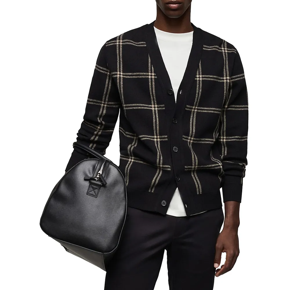 Windowpane Check V-Neck Cardigan