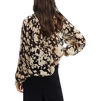Tied Keyhole Crinkle Floral Blouse