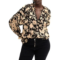 Tied Keyhole Crinkle Floral Blouse