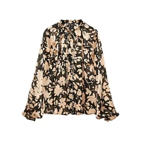 Tied Keyhole Crinkle Floral Blouse