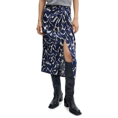 Printed Knot Midi Slit Skirt