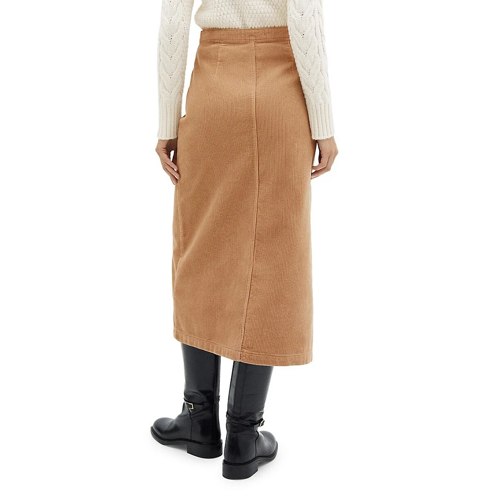 Asymmetrical-Snap Corduroy Midi Skirt