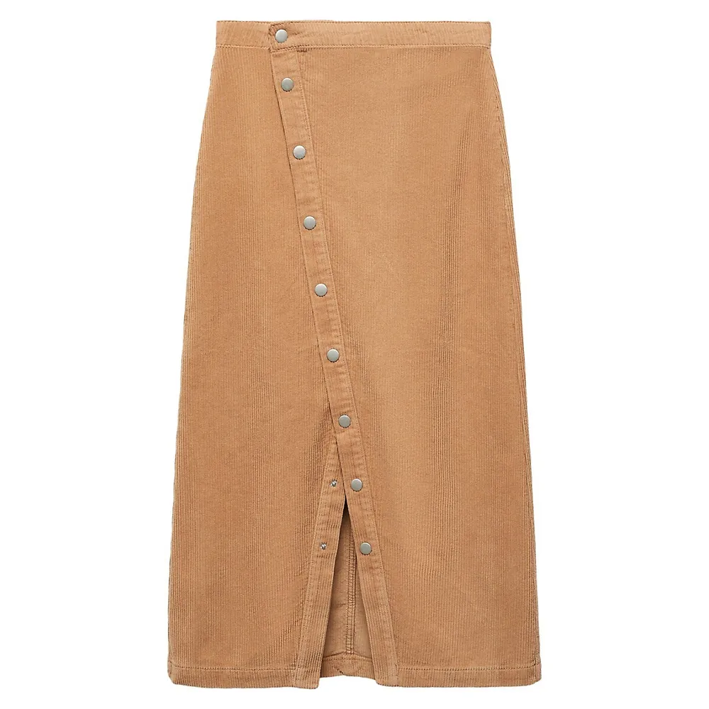 Asymmetrical-Snap Corduroy Midi Skirt