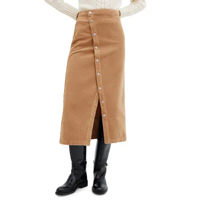 Asymmetrical-Snap Corduroy Midi Skirt