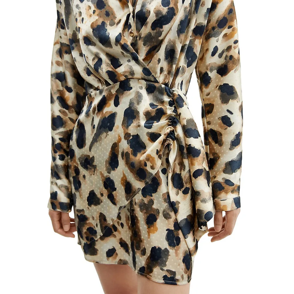 Printed Satin Knotted Shirt Dress