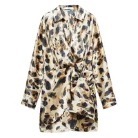 Printed Satin Knotted Shirt Dress