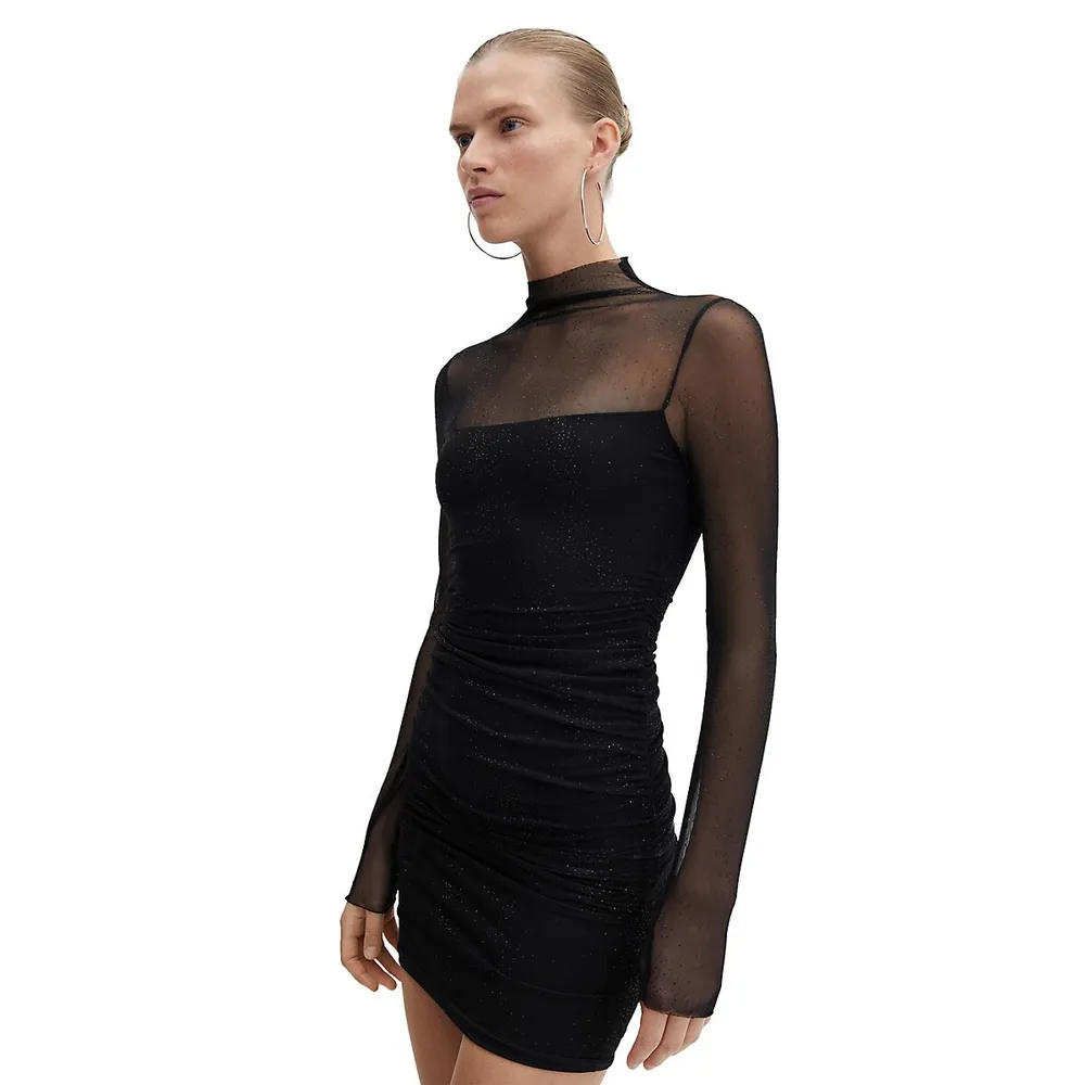 Draped Shiny Illusion Mesh Mini Dress