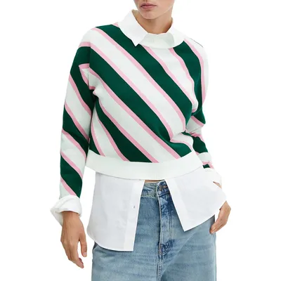 Diagonal-Striped Boxy Crop Sweater