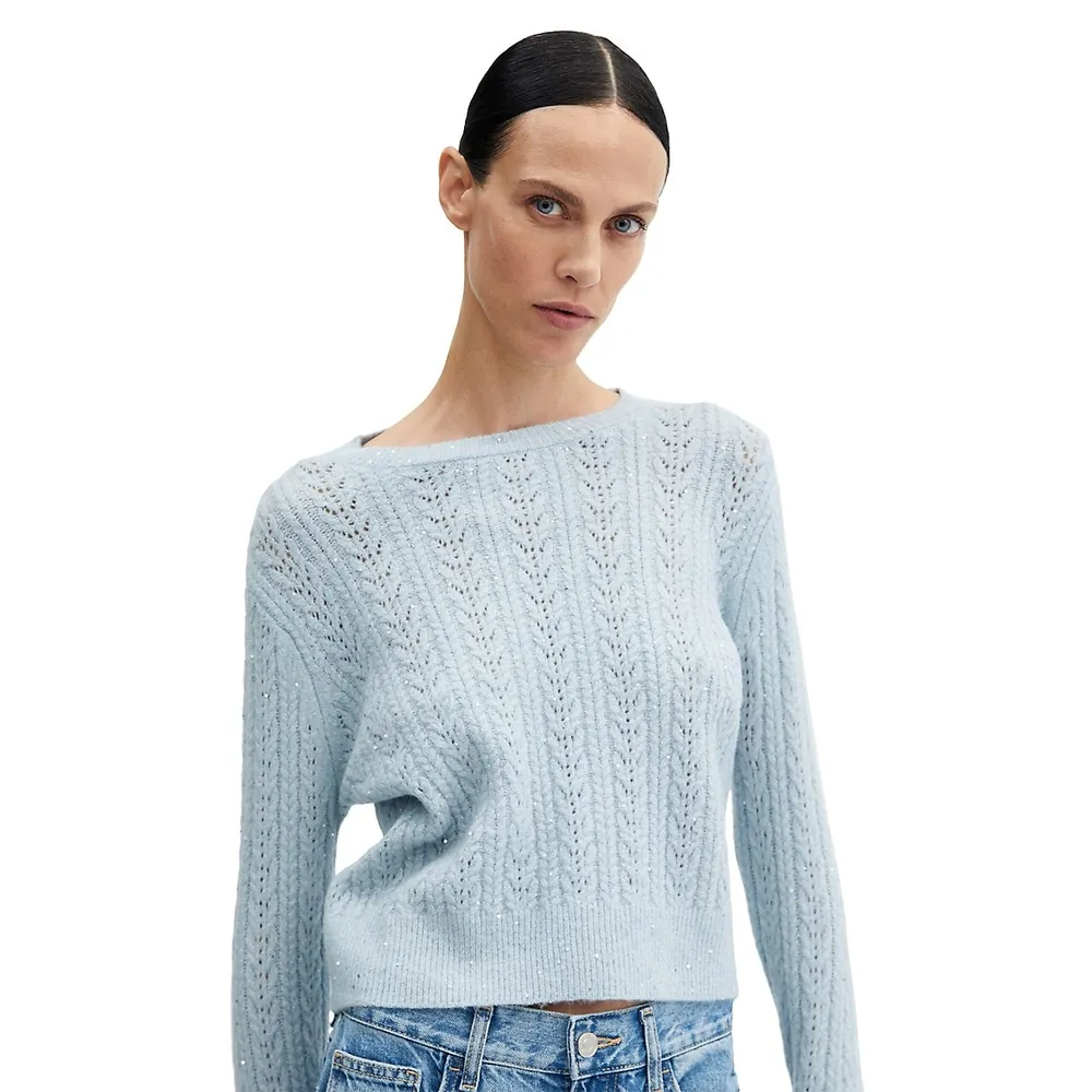 Sequin Pointelle-Stitch Sweater