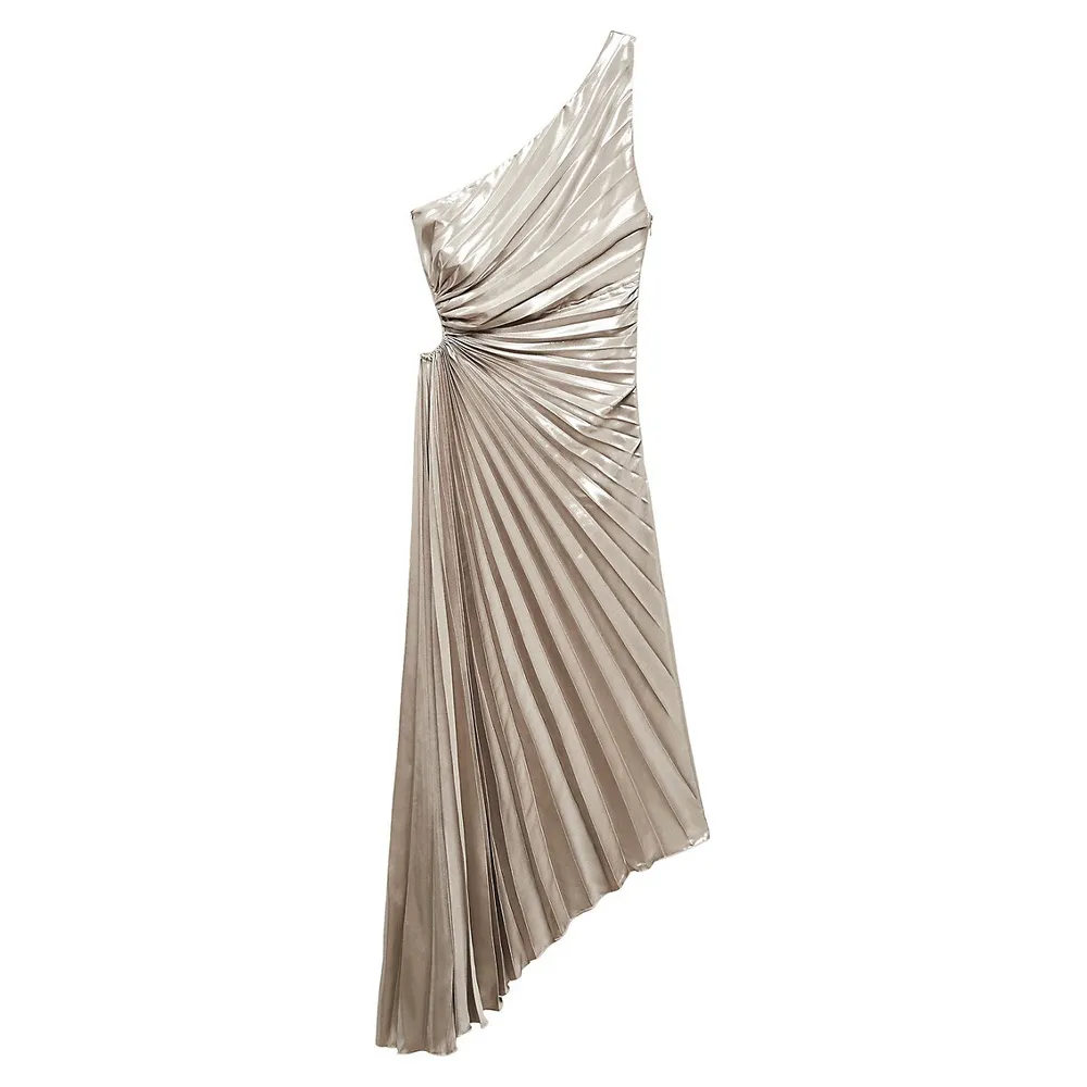 Metallic Asymmetrical Pleated Gown