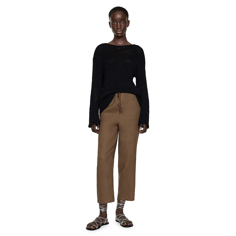 Linen Beaded-Drawstring Cropped Trousers