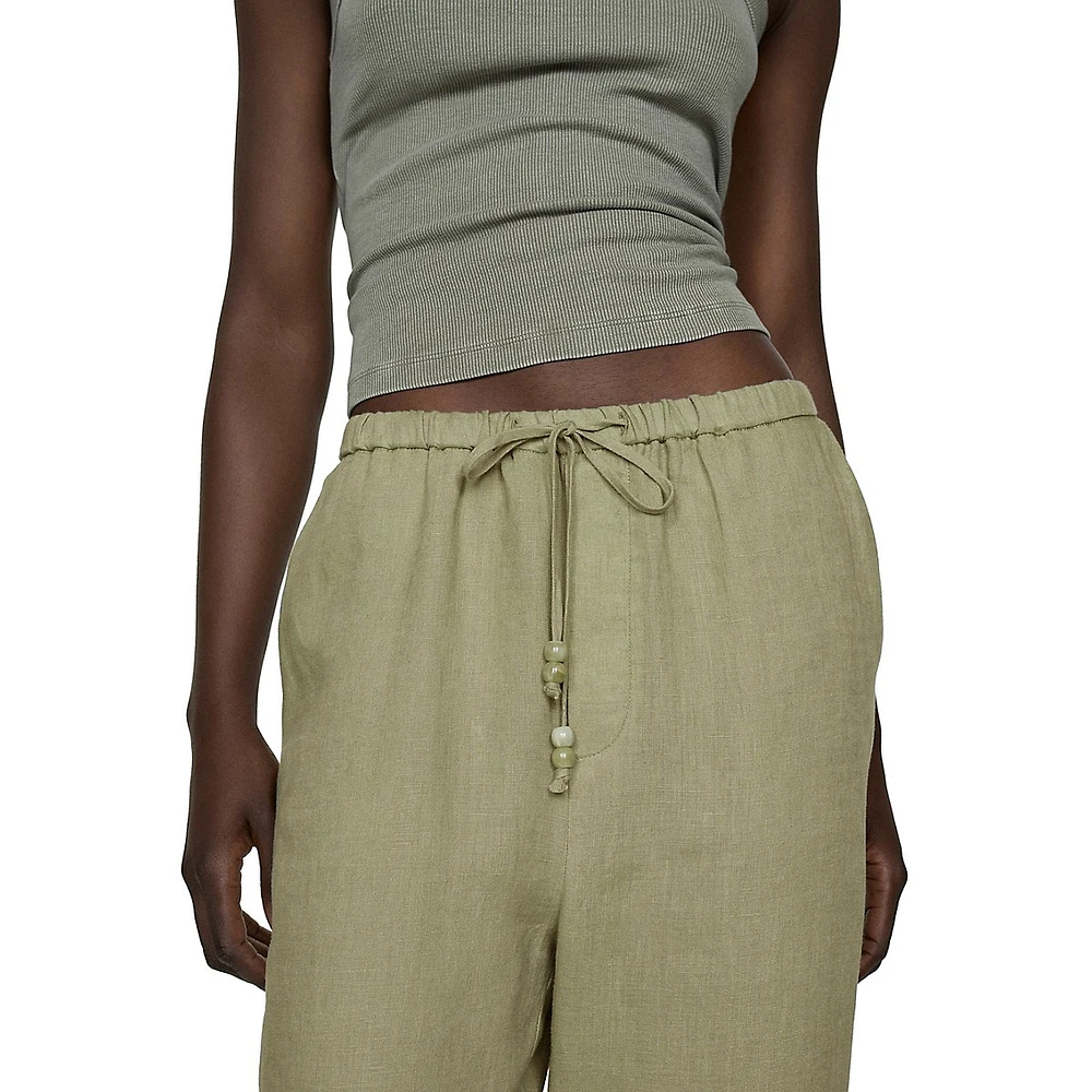 Linen Beaded-Drawstring Cropped Trousers