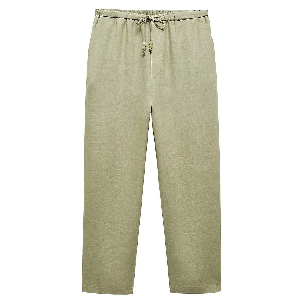 Linen Beaded-Drawstring Cropped Trousers