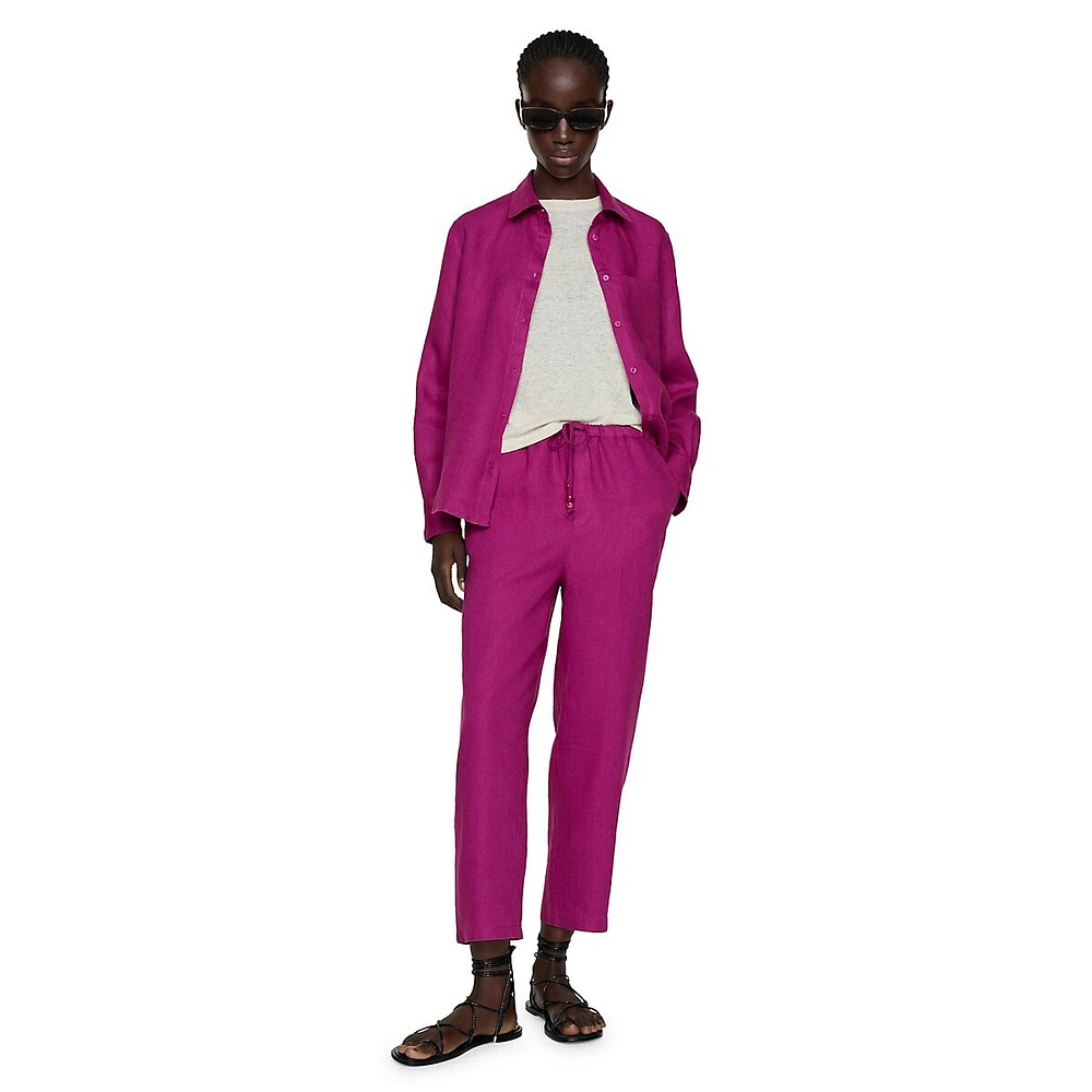 Pantalon court en lin à cordon de serrage perlé