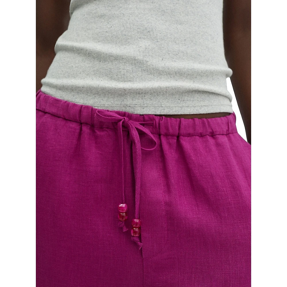 Pantalon court en lin à cordon de serrage perlé