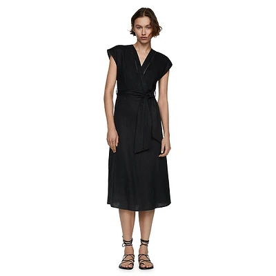 Nanda Linen Belted Cap-Sleeve Wrap Midi Dress