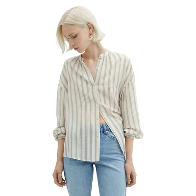 Drew Striped Banded-Collar Puff-Sleeve Shirt