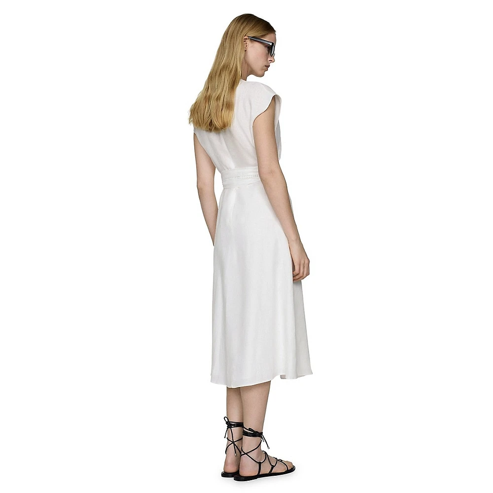 Nanda Linen Belted Cap-Sleeve Wrap Midi Dress