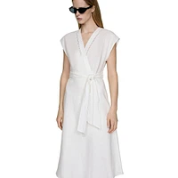Nanda Linen Belted Cap-Sleeve Wrap Midi Dress