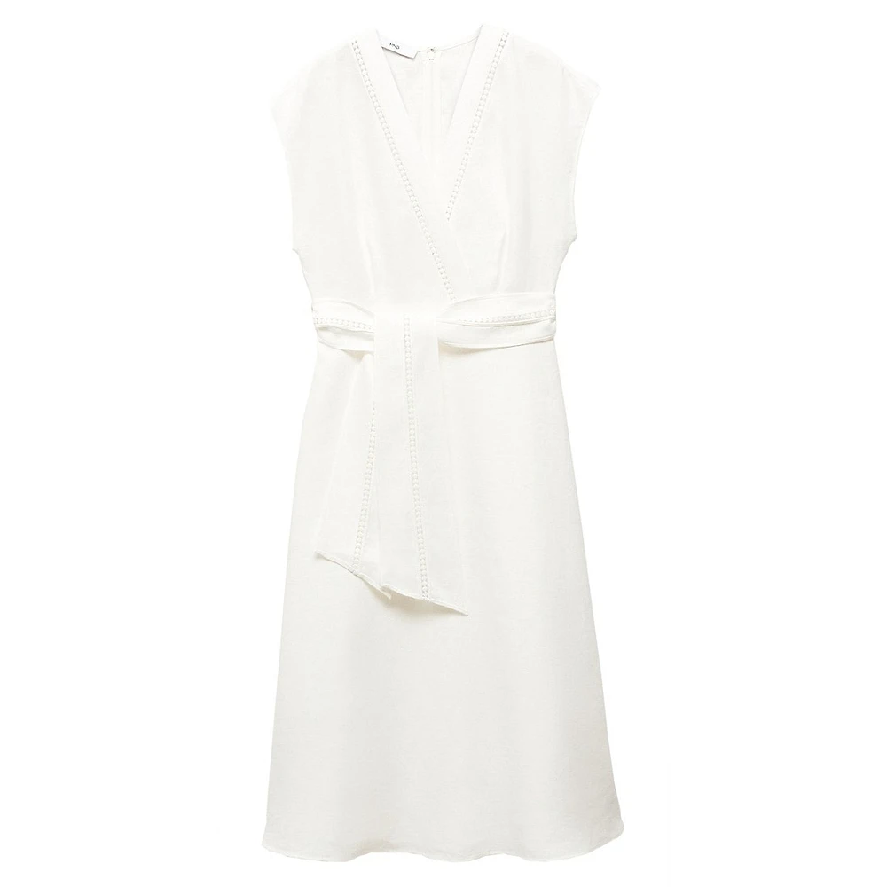 Nanda Linen Belted Cap-Sleeve Wrap Midi Dress