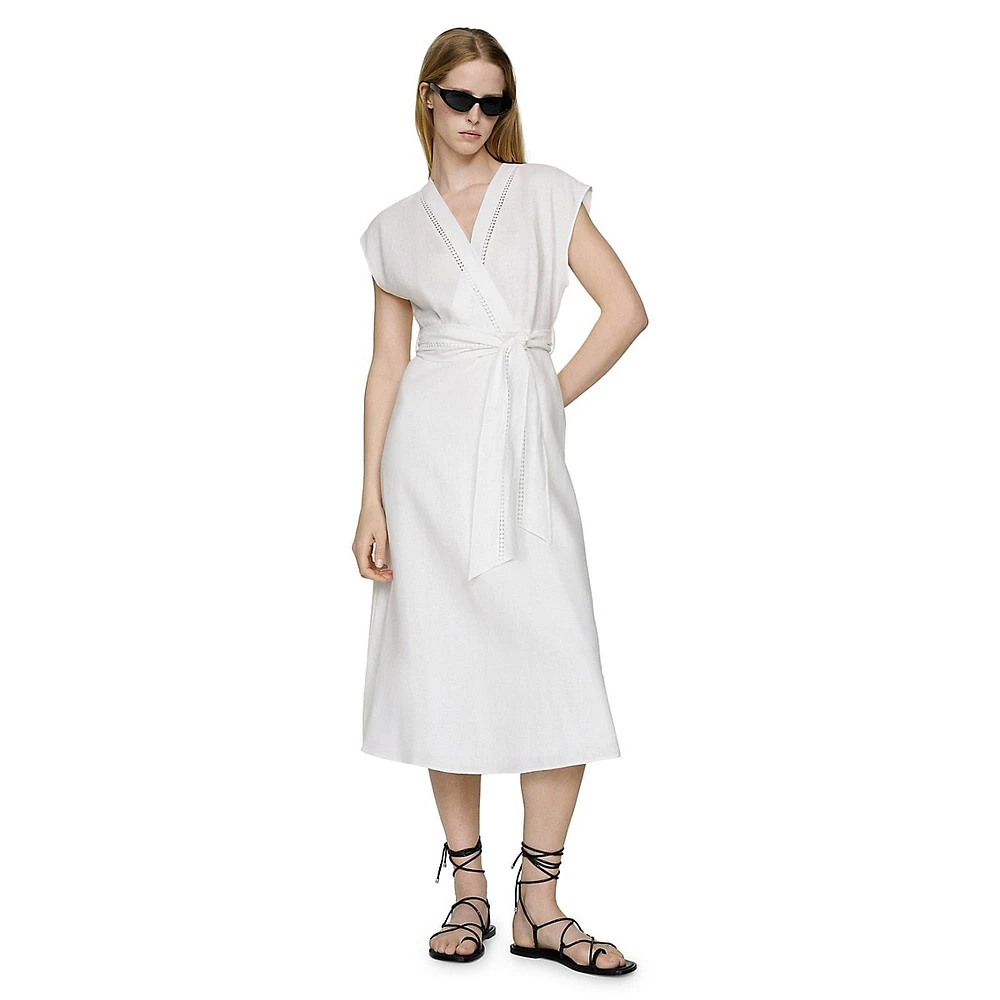 Nanda Linen Belted Cap-Sleeve Wrap Midi Dress