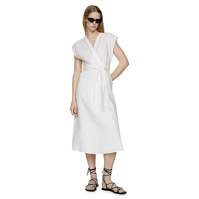 Nanda Linen Belted Cap-Sleeve Wrap Midi Dress