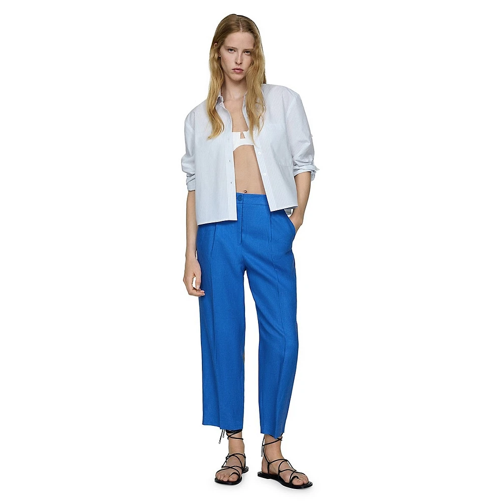 Brunoli Linen Pleated Straight Cropped Trousers