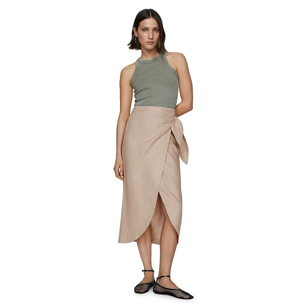 Side-Tie Linen Midi Skirt